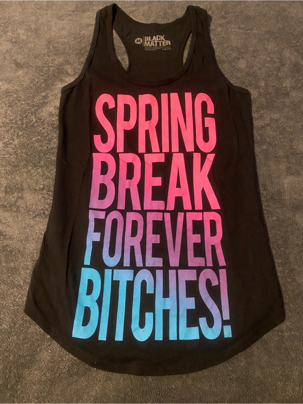 Black Matter Black Racerback Tank with Pink to Blue Gradient Text